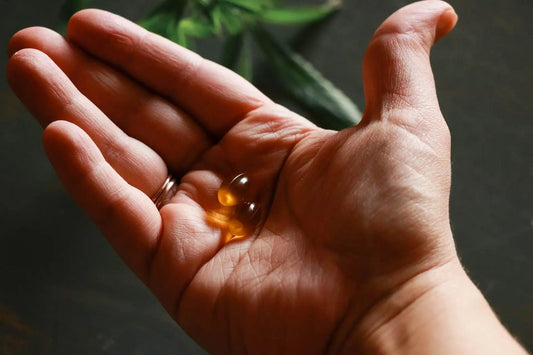 a person holding CBD softgels