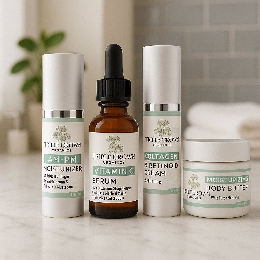 Triple Crown Organics all natural mushroom based skincare lineup