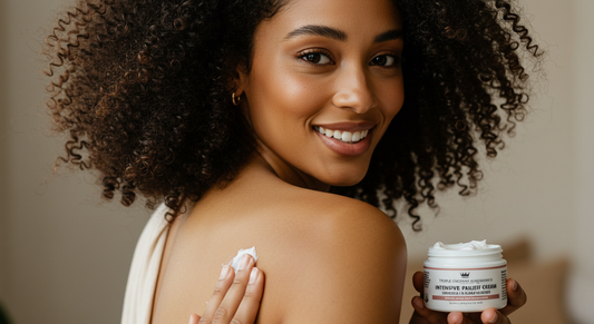 A beautiful woman with a radiant glow using Triple Crown Organics Moisturizing Body Butter.